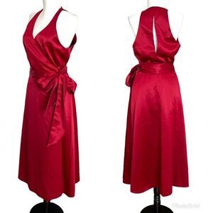 Jim Hjelm Occasions Red Satin Wrap Dress Womens 12 Midi V neck Sleeveless Formal